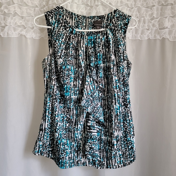 Covington Sleeveless Blouse with Ruffle, Blue Black and White Print, Size M - Picture 1 of 8